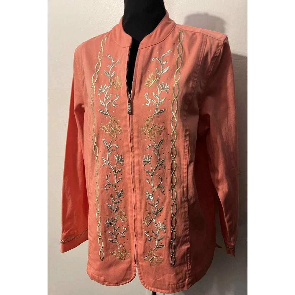 Quacker Factory Jacket Womens Medium Pink Embroidered Butterfly Floral Full Zip‎